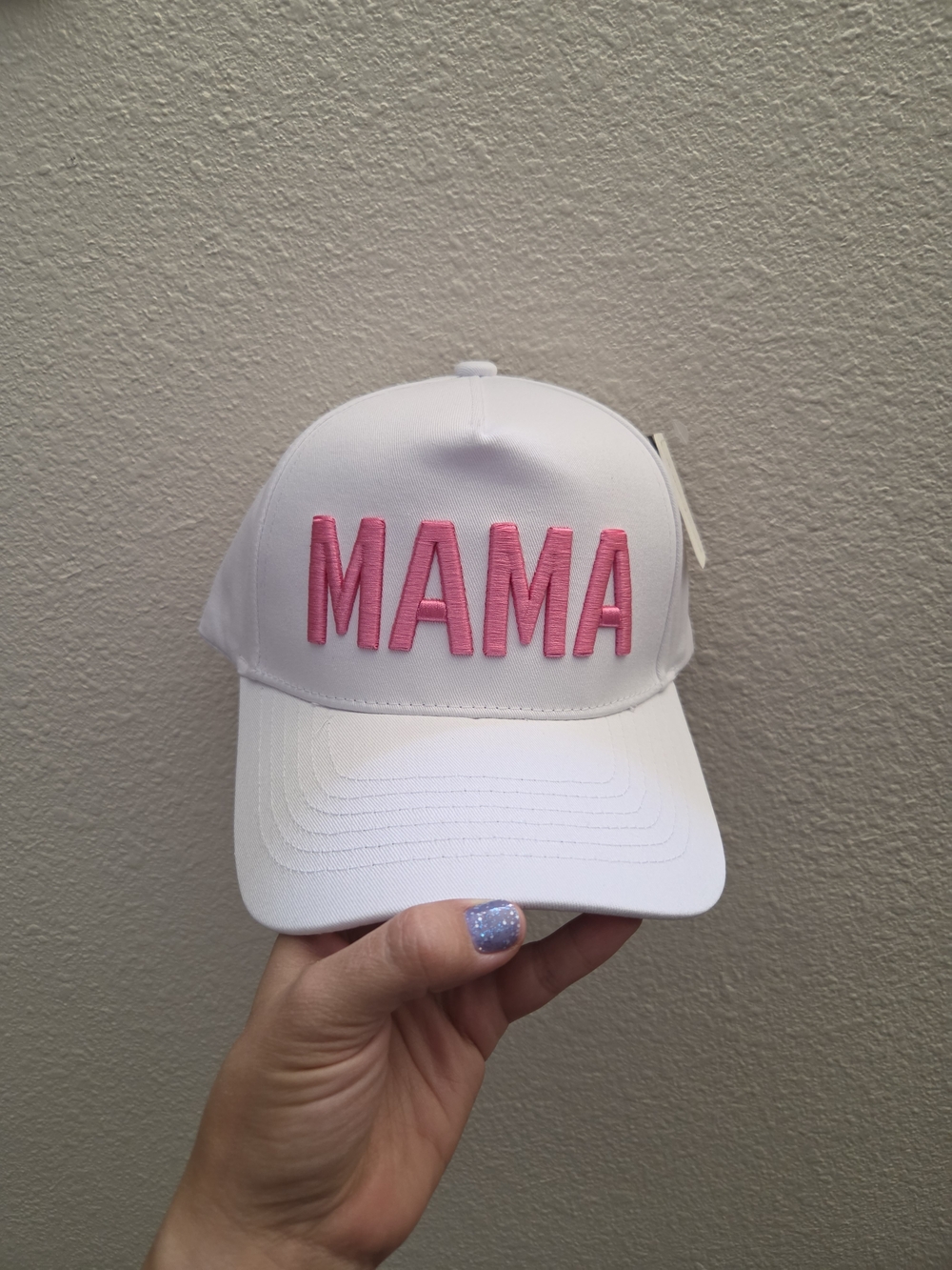 White Hat with Pink MAMA Embroidery - One Size